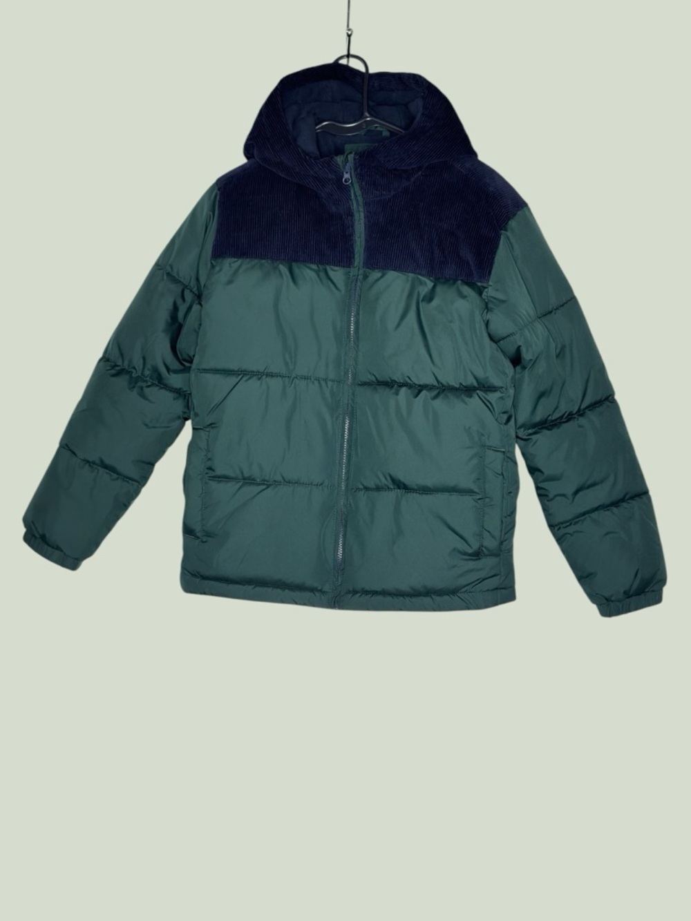 Old Navy Green Puffer Jacket with Navy Corduroy Yoke and Hood Boys XL 14-16 - Picture 2 of 11